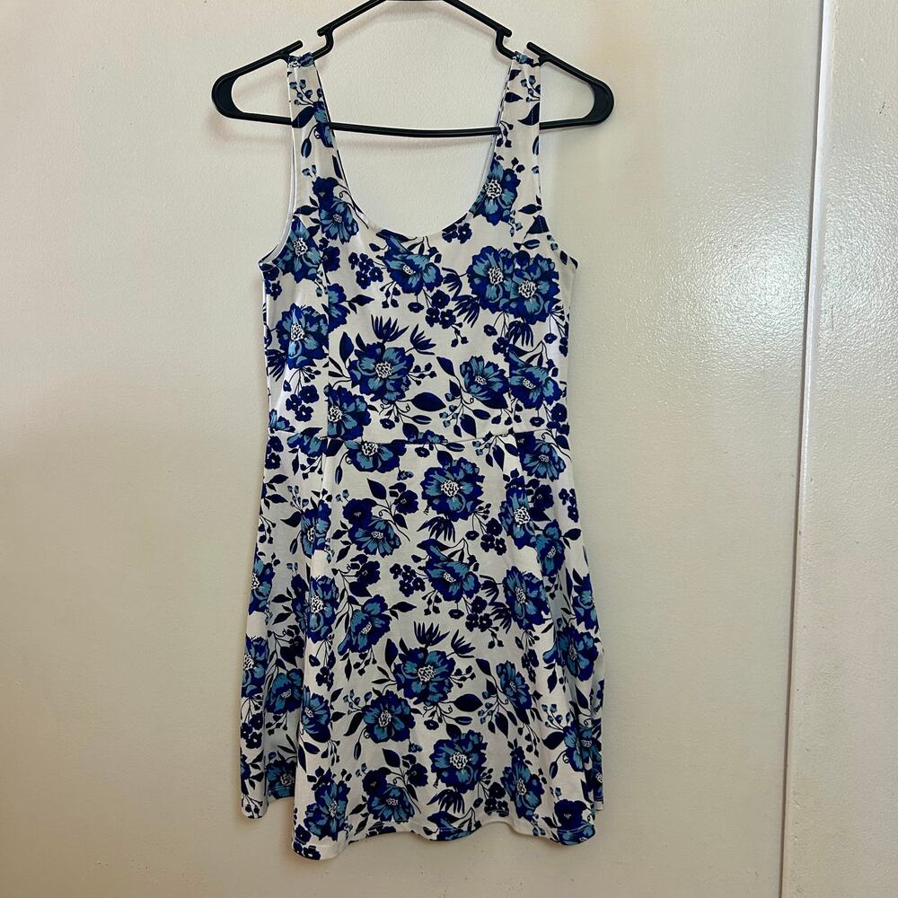 H&M Divided Mini Flare Dress Blue White Floral Sleeveless Summer Retro Size 10